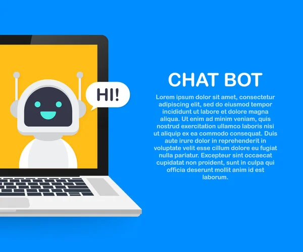 Chat bot utilizzando computer portatile, robot di assistenza virtuale del sito Web o applicazioni mobili. bot di supporto online . — Vettoriale Stock