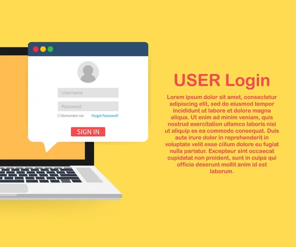 Anmeldung zum Konto, Benutzerberechtigung, Login-Authentifizierung Seitenkonzept. Laptop mit Login und Passwort-Formular-Seite auf dem Bildschirm. — Stockvektor