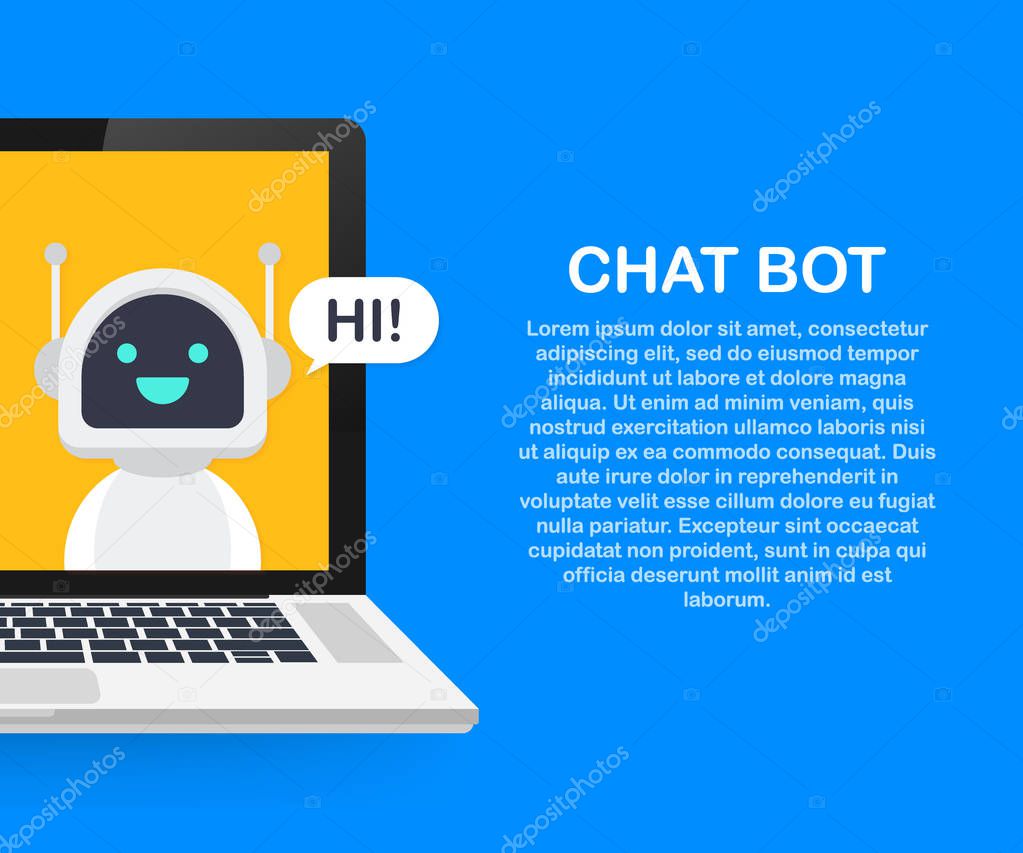 Chat Bot Using Laptop Computer, Robot Virtual Assistance Of Website Or Mobile Applications. Voice support service bot. Online support bot. Vector stock illustration.