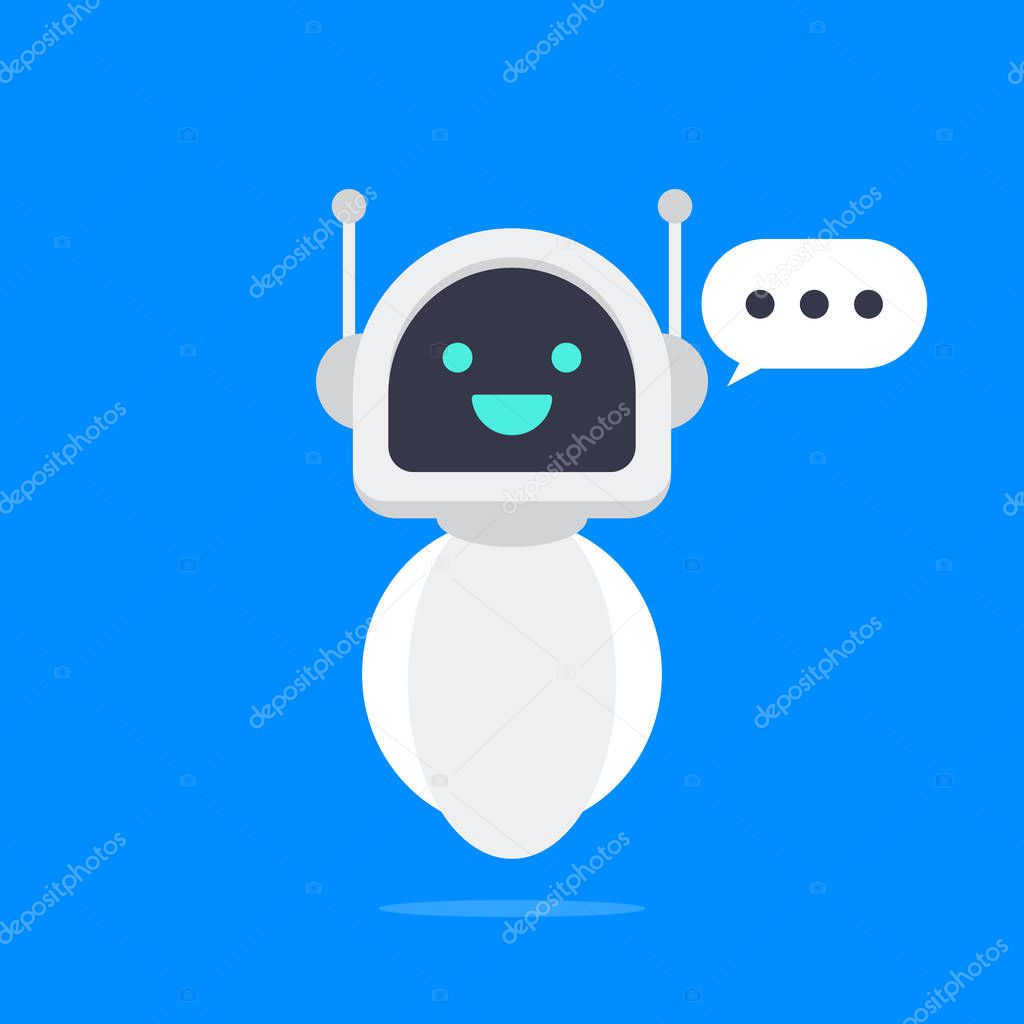 Cute smiling robot, chat bot say hi. Vector modern flat cartoon character illustration. Vector illustration.