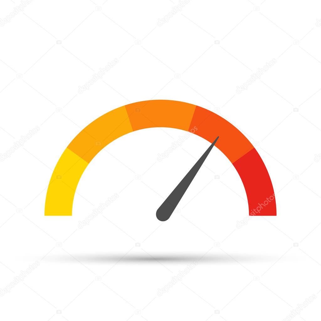 Round temperature gauge, isolated on white background. Colored measuring semicircle scale in flat style