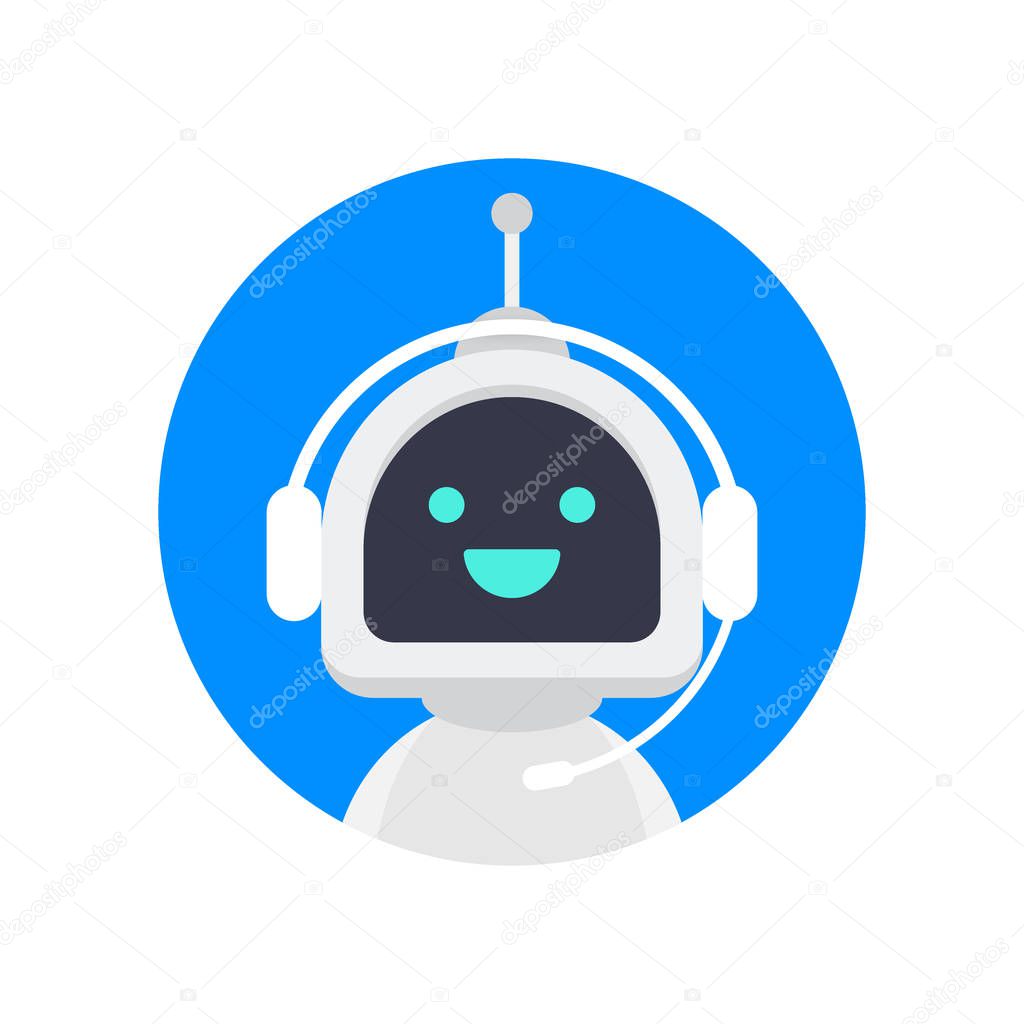 Cute smiling robot, chat bot say hi.Vector modern flat cartoon character illustration. Voice support service bot.