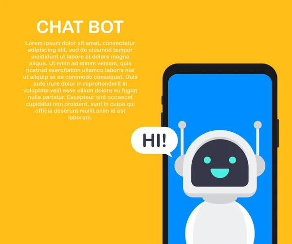 Concetto di banner Chatbot. Modello di banner aziendale orizzontale con illustrazione dell'uomo che chatta con il bot di chat nello smartphone . — Vettoriale Stock