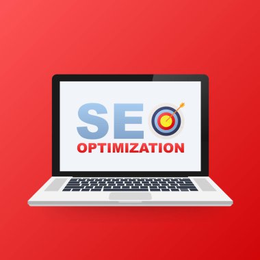 Düz vektör çizim web analytics tasarımı, Seo optimizasyon simgesi dizüstü bilgisayar ekranında.