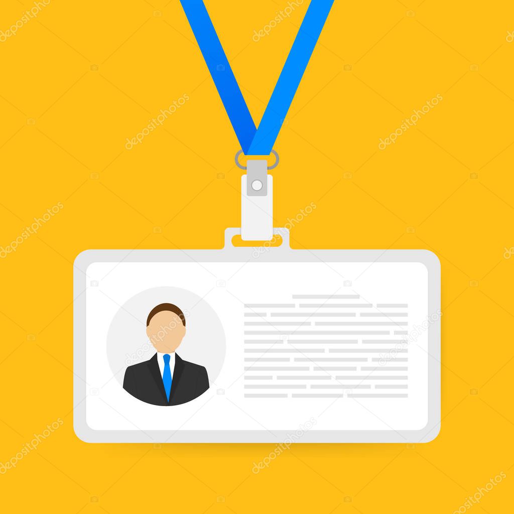 Identification card for man. Trendy flat lanyard, name tag holder template on yellow background. Vector stock illustration.