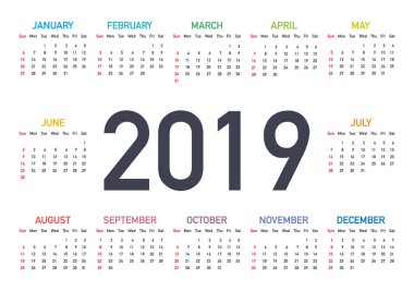 Takvim 2019, Pazar, iş şablon haftası başlar. Düzenlenebilir vektör dosyası kullanılabilir. İngilizce ve Pazar Pazartesi sürümü.