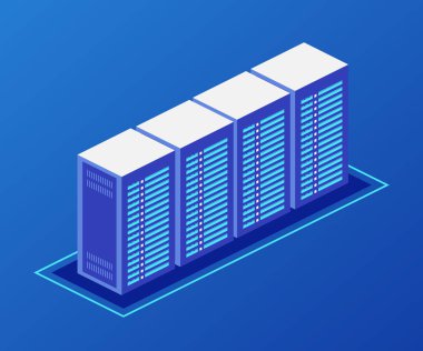 İzometrik sunucu odası ve büyük veri işleme kavramı, datacenter ve veri tabanı simgesi, dijital bilgi teknolojisi