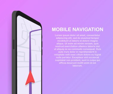 Smartphone ile mobil navigasyon app ekranda vektör Illustration. Adam yerini gösteren sembolleri ile yol haritası. Vektör çizim.