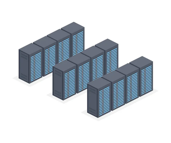 Isometrica Server room e big data processing concept, datacenter e data base icon, digital information technology — Vettoriale Stock