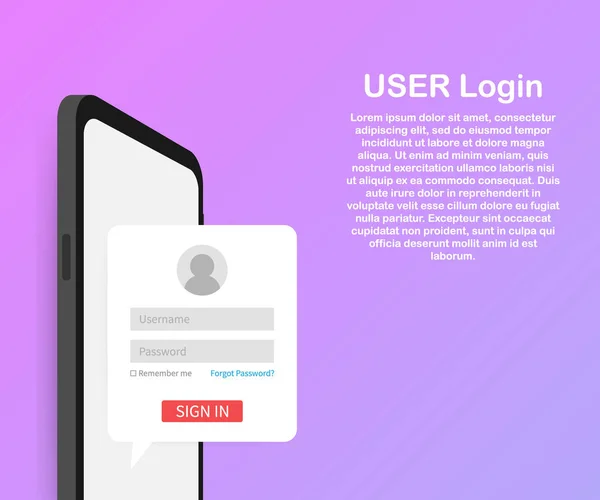 Clean Mobile UI Design Concept. Login Application with Password Form Window. Vector illustration. — Stock Vector