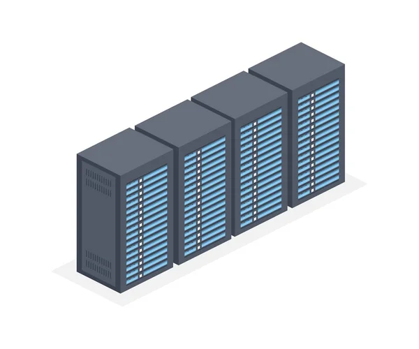 Centro dati con rack server icona isometrica 3D. Attrezzature di rete Internet, segno del database cloud — Vettoriale Stock