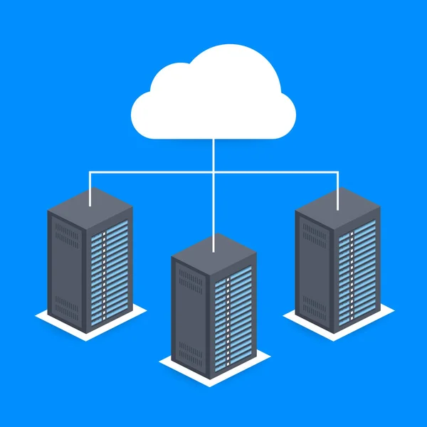 Data Center felhő kapcsolat Hosting szerver számítógép információs adatbázis szinkronizálása technológia. Vektoros illusztráció. — Stock Vector