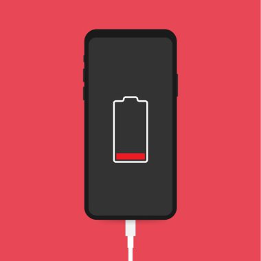 Akıllı telefon şarj aleti adaptörü ve elektrik prizi, düşük pil uyarısı. Vektör illüstrasyonu.