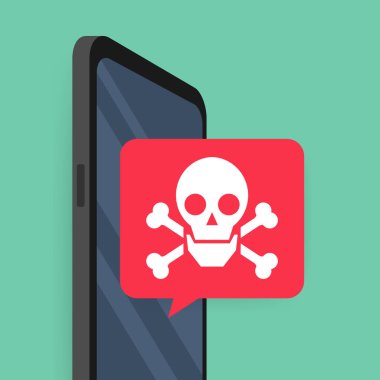 Smartphone ile konuşma balonu ve kafatası ve kemiklerin üstünde perde. Tehditler, mobil malware, spam mesajlar. Vektör çizim.