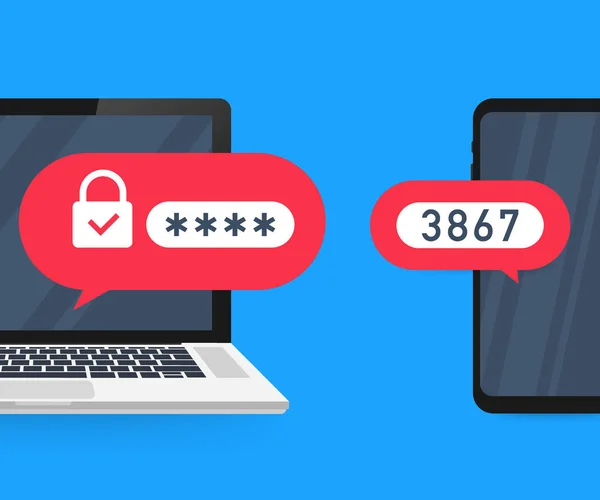 Två steg autentisering vektorillustration, platt tecknad smartphone och dator säkerhet inloggning eller logga in. Vektorillustration. — Stock vektor