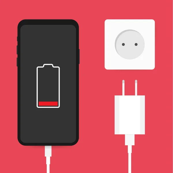 Smartphone laddare adapter och eluttag, låg batteri anmälan. Vektorillustration. — Stock vektor