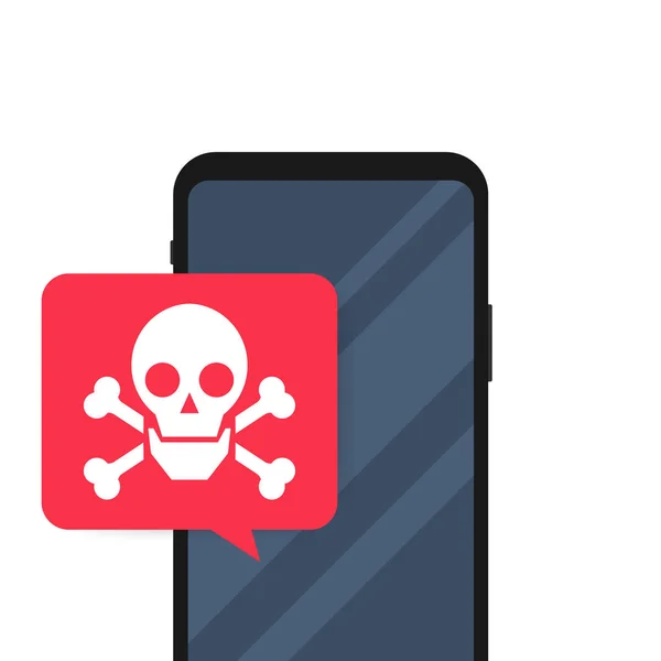 Smartphone con bolla vocale e teschio e ossa incrociate sullo schermo. Minacce, malware mobile, messaggi spam. Illustrazione vettoriale . — Vettoriale Stock