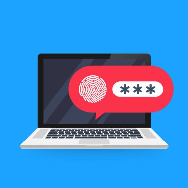 Laptop kilidi parola kabarcık tebliğ ile düz çizgi film tasarım veya pc ekran açık kilit ve parola alanı ile