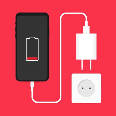 Akıllı telefon şarj aleti adaptörü ve elektrik prizi, düşük pil uyarısı. Vektör illüstrasyonu.