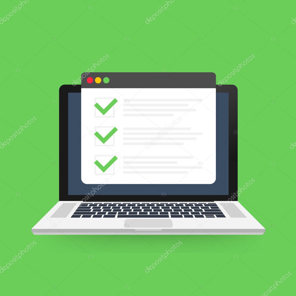 Checklist browser window. Check mark. White tick on laptop screen. Choice, survey concepts. Vector illustration.