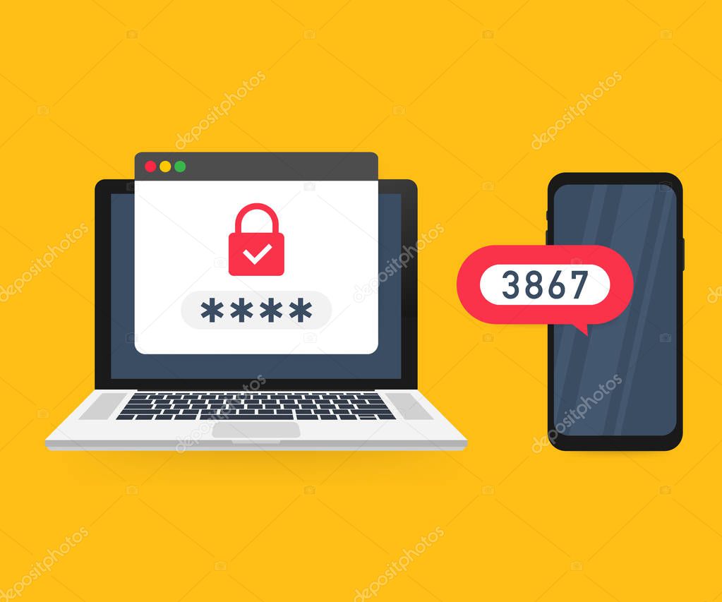 Two step authentication vector illustration, flat cartoon smartphone and computer safety login or signin. Vector illustration.