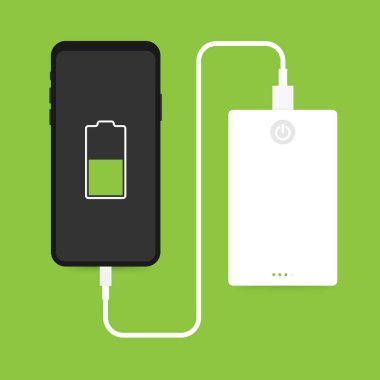 İzometrik Smartphone Usb kablo bağlantısı harici güç banka ile düz. Vektör çizim.