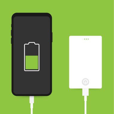 İzometrik Smartphone Usb kablo bağlantısı harici güç banka ile düz. Vektör çizim.