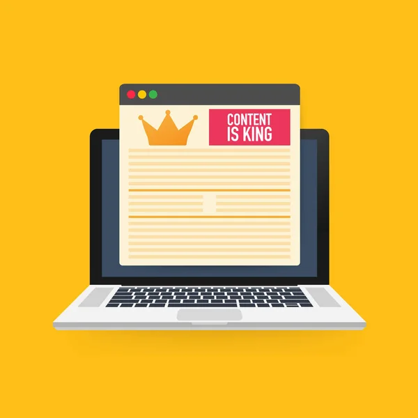Content is king, marketing concept on a laptop screen. Flat vector illustration on yellow background. — Stock Vector