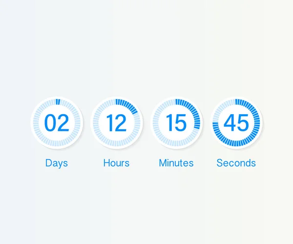 Countdown-Timer. ui App digitaler Countdown-Zähler mit Kreiszeitkuchendiagramm. Anzeigetafel des Tages, der Stunde, der Minuten und der Sekunden für die in Kürze erscheinende Webseite Veranstaltungsvorlage — Stockvektor