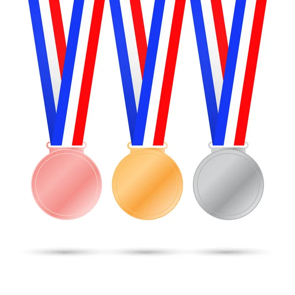 Trei medalii pe fundal alb pentru jocuri sportive. Ilustrație vectorială . — Vector de stoc