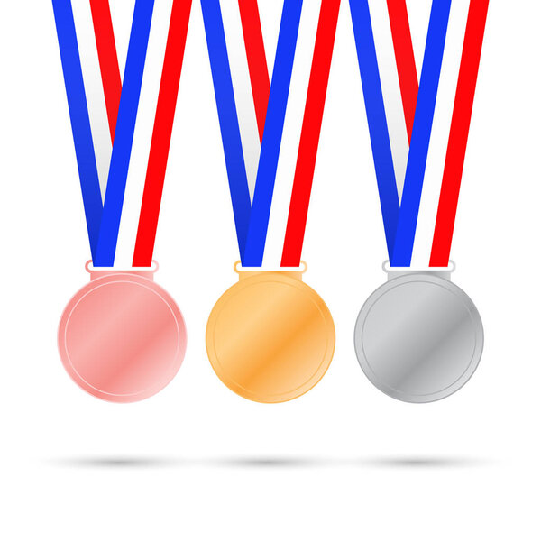 Three medals on white background for sport games. Vector illustration.