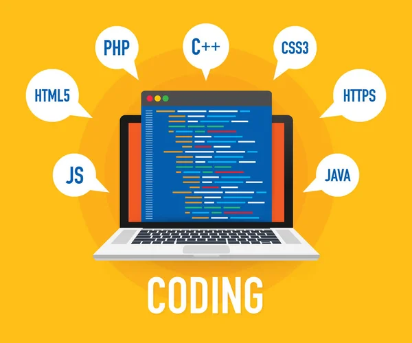 Programozás, web fejlesztési koncepció. Kód-ra a képernyő laptop. Vektoros illusztráció. — Stock Vector