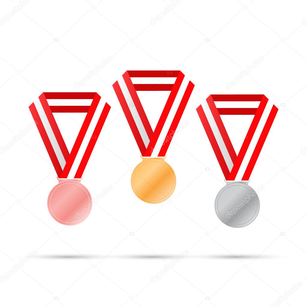 Three medals on white background for sport games. Vector illustration.