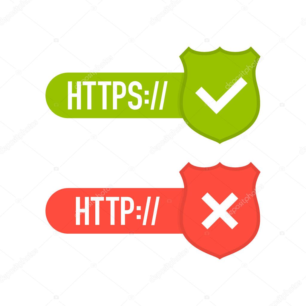 http and https protocols on shield, on white background. Vector illustration