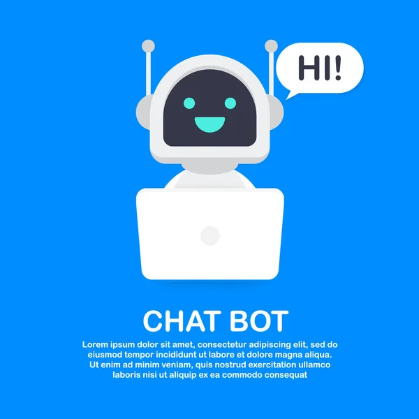 Chat Bot Het gebruik van Laptop Computer, Robot Virtuele Hulp van Website of Mobiele Toepassingen. Voice support service bot. Online support bot. Vectorillustratie. — Stockvector