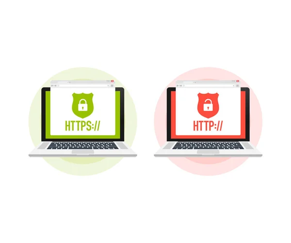 Http und https-Protokolle auf Schild auf Laptop, auf weißem Hintergrund. Vektorillustration — Stockvektor