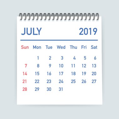 Temmuz 2019 takvim yaprağı. Takvim 2019 düz tarzı. A5 boyutu. Vektör çizim.