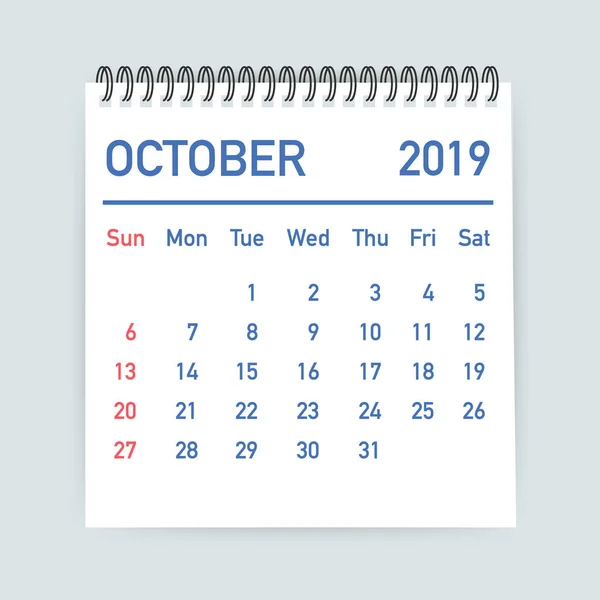Październik 2019 kalendarz liści. Kalendarzowy 2019 w płaski. Rozmiar A5. Ilustracja wektorowa. — Wektor stockowy