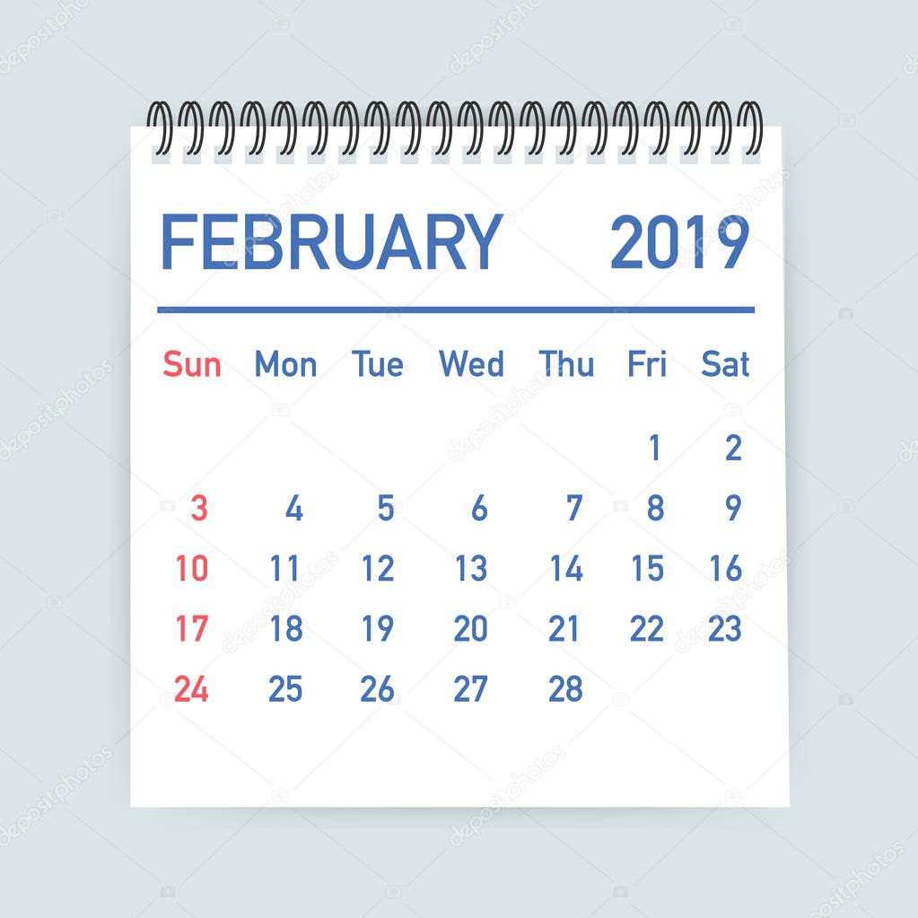 February 2019 Calendar Leaf. Calendar 2019 in flat style. A5 size . Vector illustration.