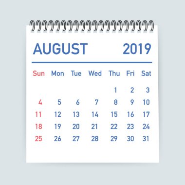Ağustos 2019 takvim yaprağı. Takvim 2019 düz tarzı. A5 boyutu. Hisse senedi vektör çizim.