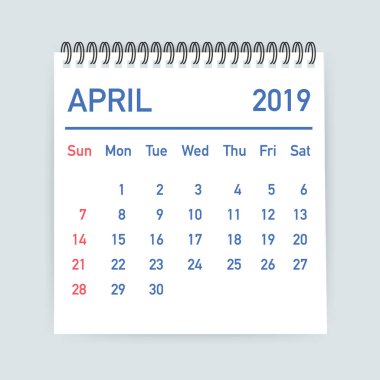Nisan 2019 takvim yaprağı. Takvim 2019 düz tarzı. A5 boyutu. Vektör çizim.