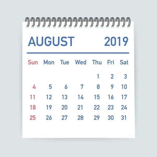 Αύγουστος 2019 Φύλλο Ημερολογίου Ημερολόγιο 2019 Επίπεδη Στυλ Μέγεθος Απόθεμα — Διανυσματικό Αρχείο