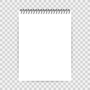 Not defteri modeli, imajınız, mesajınız ya da kurumsal kimlik bilgileriniz için yer var. Şeffaf arkaplanda gölgesi olan boş bir maket. Vektör illüstrasyonu.