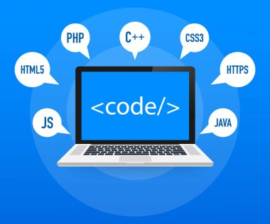 Programlama, web geliştirme kavramı. Ekran dizüstü bilgisayarda kod. Vektör çizim.