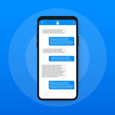 Arabirim uygulama diyalog penceresi ile sohbet. Mobil UI tasarım konsepti temiz. SMS haberci. Vektör çizim.