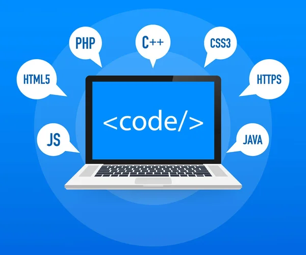 Programmering, web ontwikkelingsconcept. Code op de laptop scherm. Vectorillustratie. — Stockvector