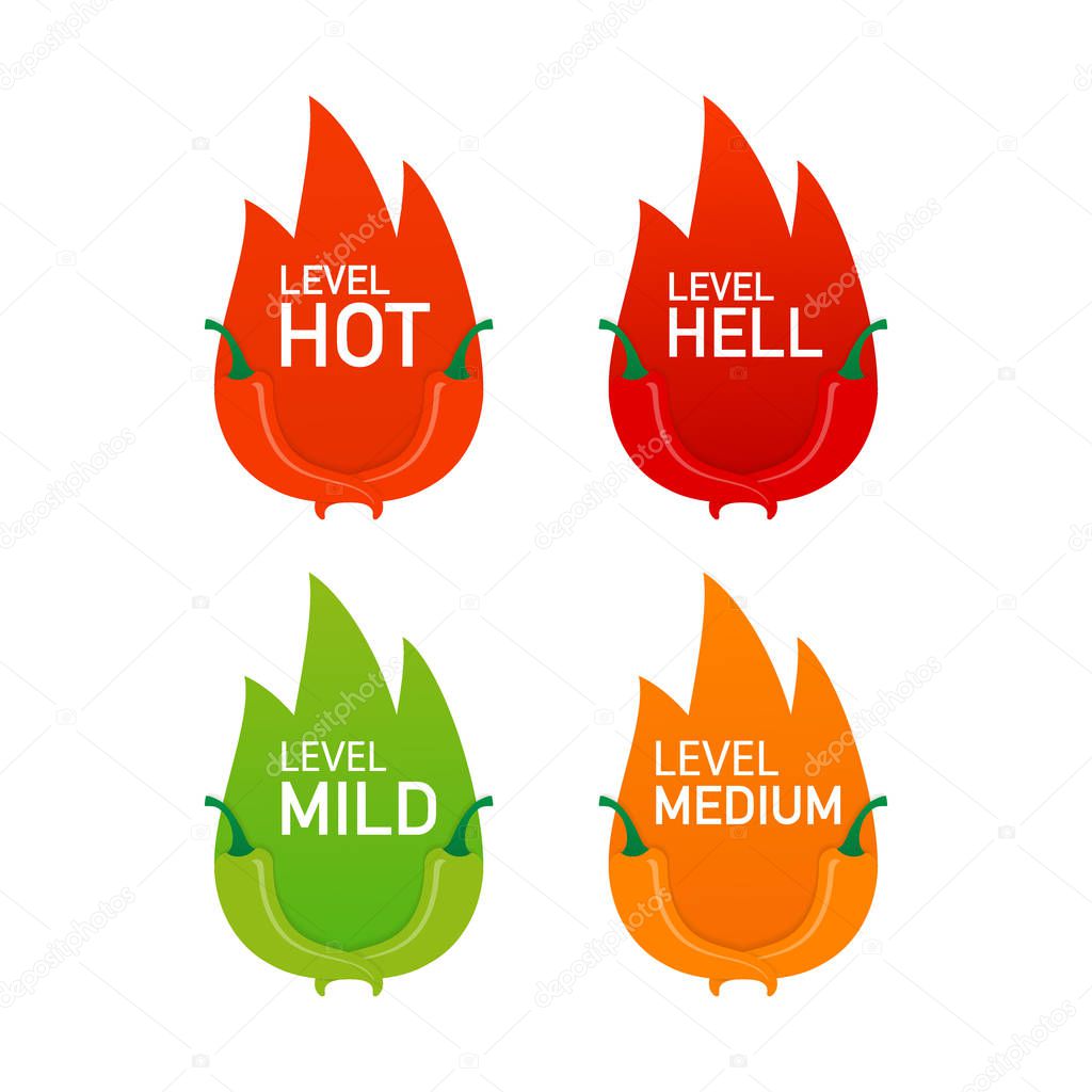 Hot red pepper strength scale indicator with mild, medium, hot and hell positions. Vector stock illustration.