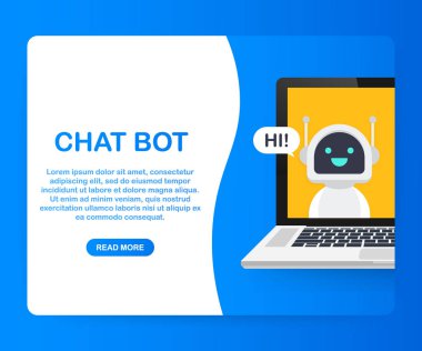 Sohbet Robotu Laptop Bilgisayar, Robot Sanal Web Sitesi ya da Mobil Uygulamalar Kullanımı. Ses destek robotu. Çevrimiçi destek robotu. Vektör illüstrasyonu.