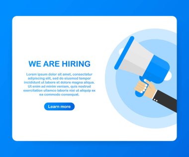 Biz iş fırsatları, duyuru Banner tasarımı ile hoparlör vardır. Düz tasarım konsepti. Vektör çizim