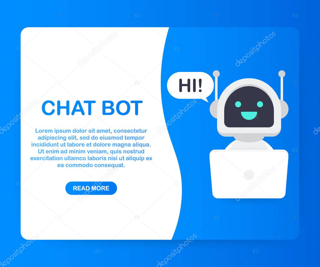 Chat Bot Using Laptop Computer, Robot Virtual Assistance Of Website Or Mobile Applications. Voice support service bot. Online support bot. Vector illustration.